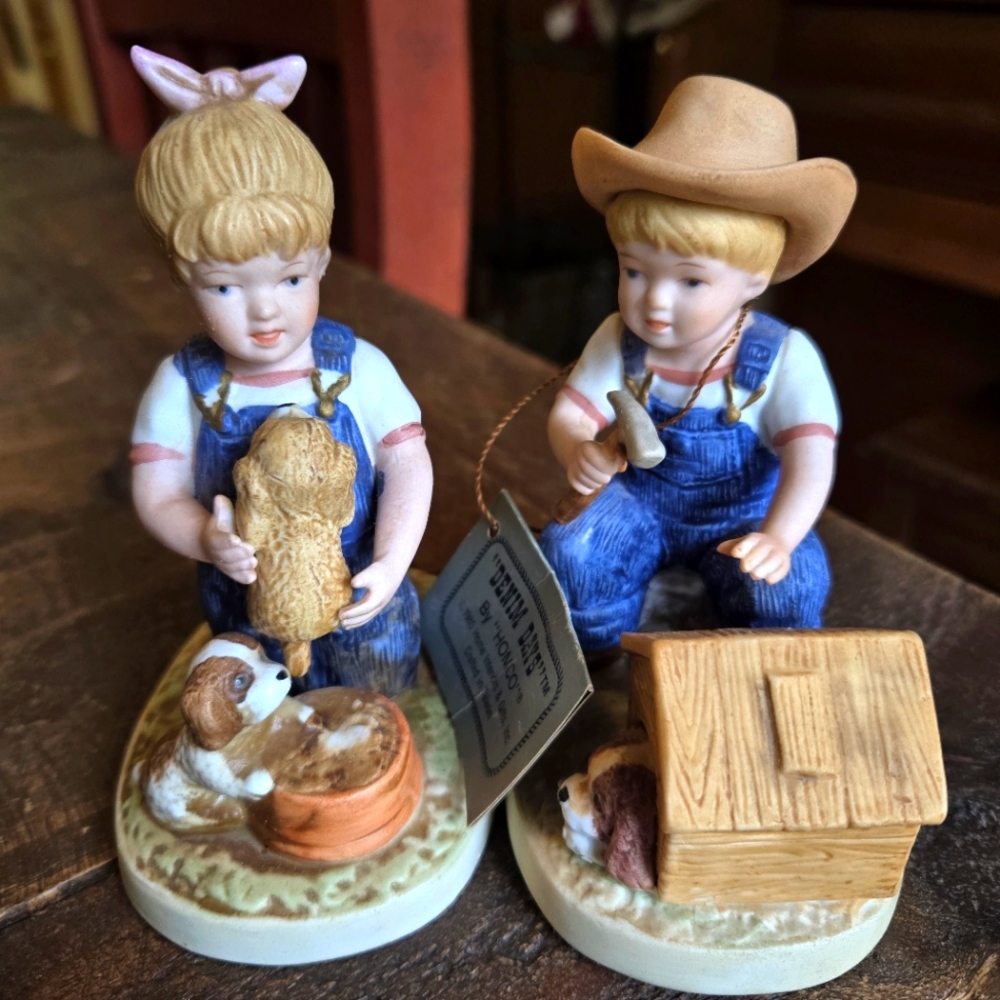 Homco Home Interiors Denim Days Vintage Set Of 2 Figurines "Puppy Love" #1503
